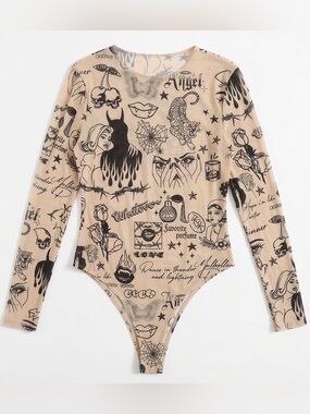 SHEIN Beige Long Sleeve Tattoo Print Bodysuit